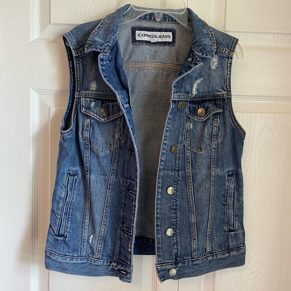 EXPRESS Dark Wash Distress Denim Vest Jean Jacket